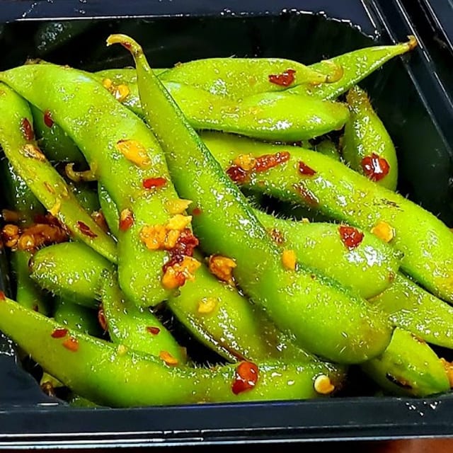 Delish Spicy Garlic Edamame.
