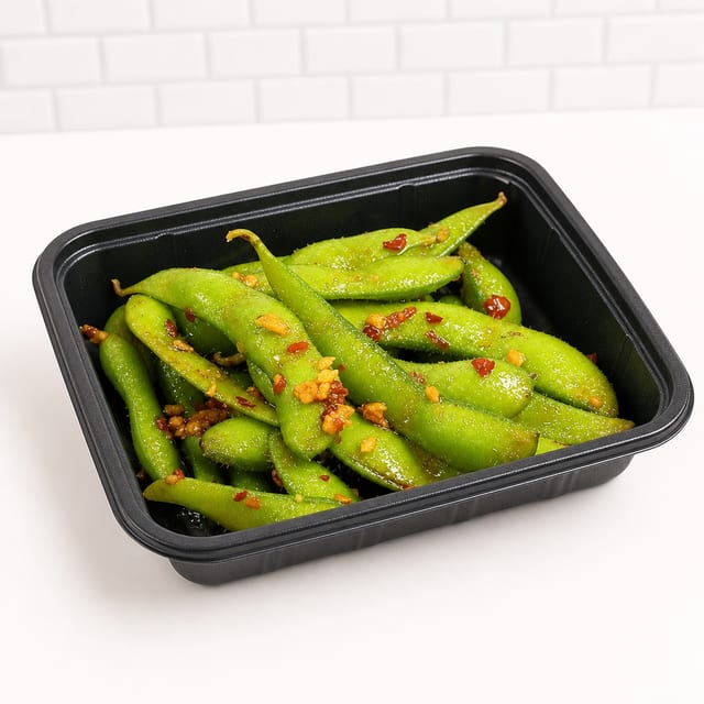 Delish Spicy Garlic Edamame.